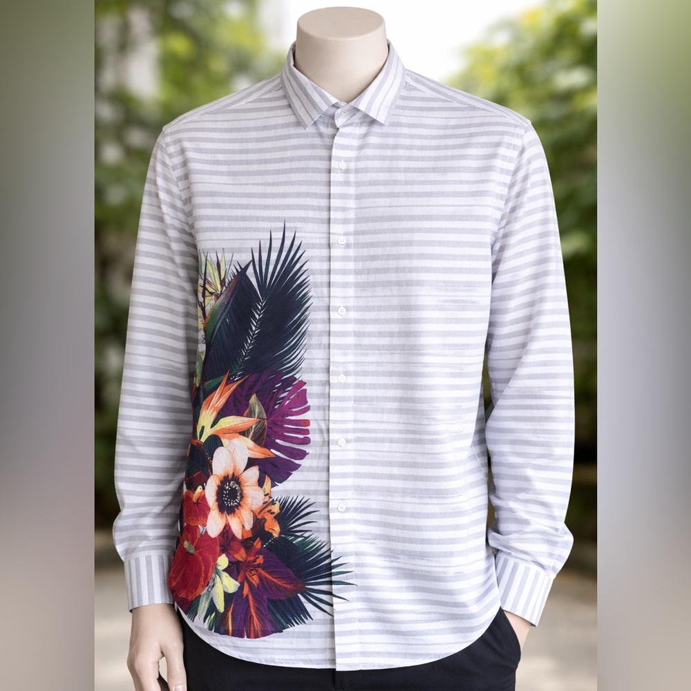 Tommy Bahama Men’s Gray White Linen Blend Tropical Print Long Sleeve Shirt Sz L